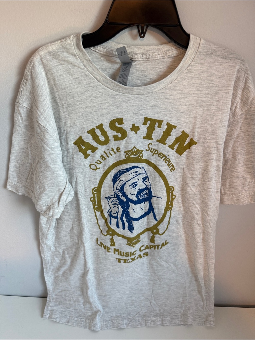 Willy Nelson Smoking a J Austin Graphic Tee - Grey with Gold & Blue Print